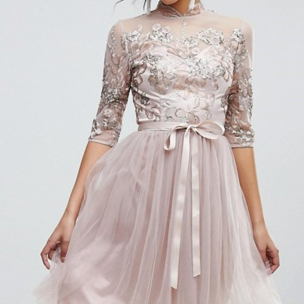 Chi Chi London High Neck Tulle Midi Dress With Cut Out Back US12